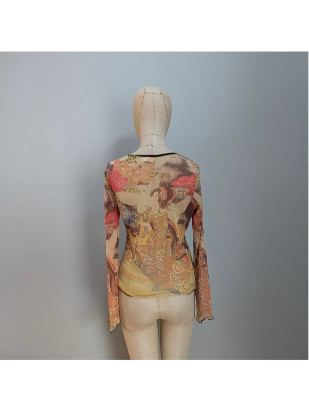 Clio Vintage Y2K Mesh Geisha Graphic Made in USA Sheer Tattoo Print Top - Medium - Picture 3 of 10